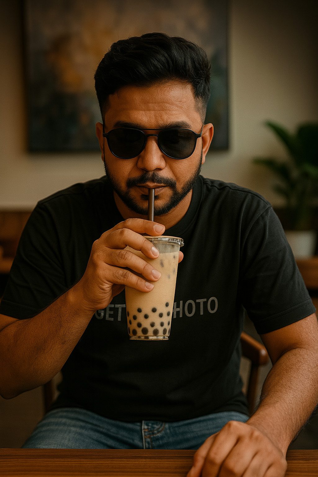 Free Boba Tea AI Portrait – Casual Cinematic Shot of a Young Man-getfreephoto.com