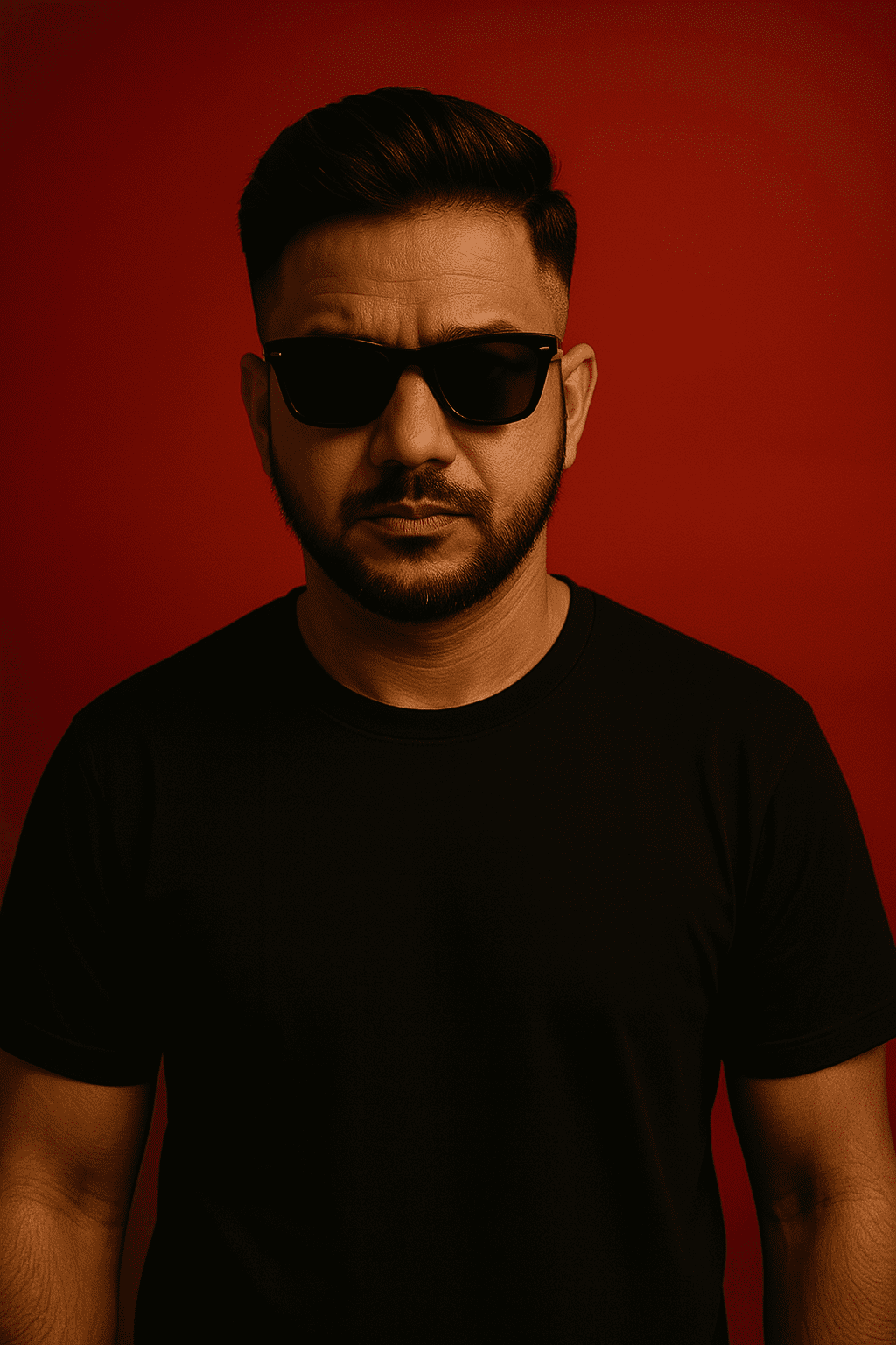 Free Editorial Fashion AI Portrait – Black Tee & Red Backdrop