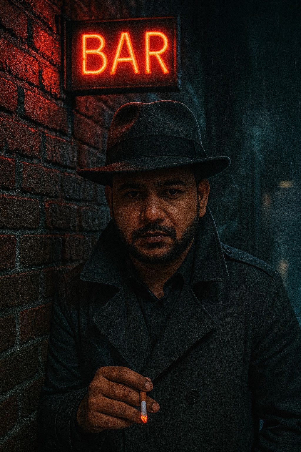 Free Noir AI Portrait – Man in Trench Coat Under Neon Light at Night-getfreephoto.com