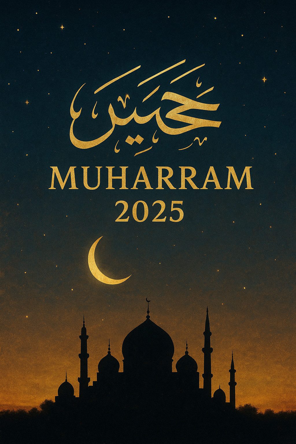 AI-generated realistic Muharram 2025 poster with Ya Hussain calligraphy, moon, mosque, and black flag – by GetFreePhoto