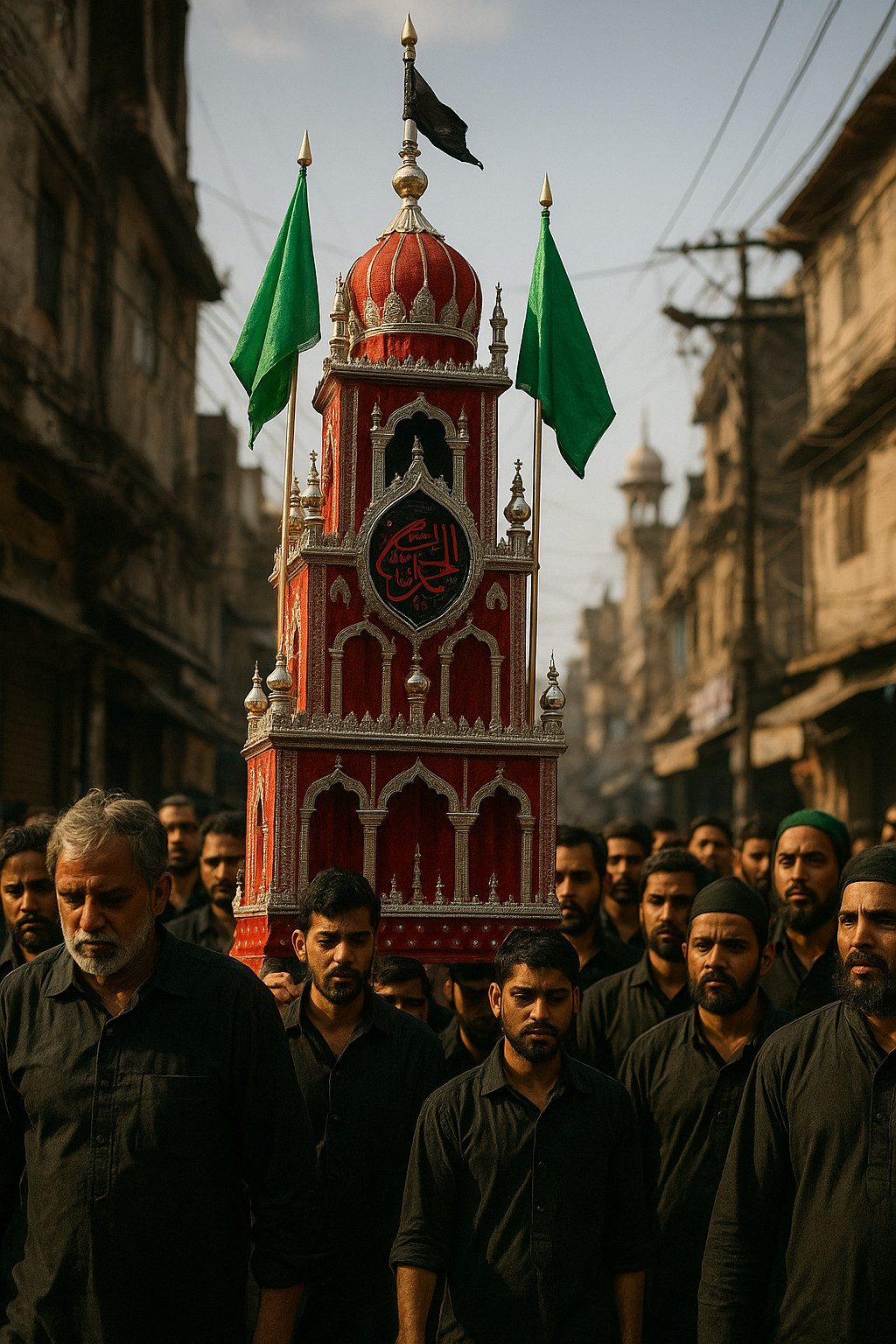 Realistic Taziya Procession Muharram 2025 poster with mourners and Islamic structure